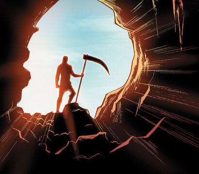 silhouette of a man with a scythe entering a cave