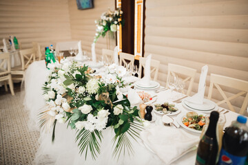 Interior of a restaurant prepared for wedding ceremony
