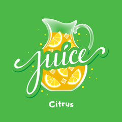 Naklejka premium Glass jug with lemon and orange slices and ice cubes on a green background. The concept of advertising, cold drinks, homemade lemonades and natural juices. Vector, illustration
