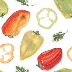 Seamless pattern of peppers of different colors. Background of whole peppers, slices, arugula and dill. Hand-drawn. Marker Art