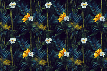 Fototapeta na wymiar Exotic jungle full of large flowers and fruits. Seamless floral background. Repeat pattern for fabrics, wallpapers, wrappers, greeting cards, wedding invitations, banners, web. Digital art