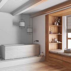 Fototapeta na wymiar Architect interior designer concept: hand-drawn draft unfinished project that becomes real, farmhouse bathroom with wooden bathtub. Japandi style