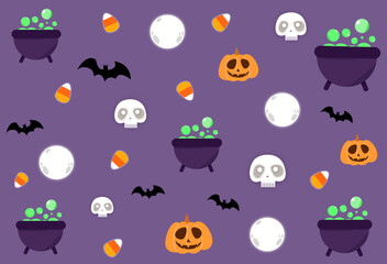 Vector halloween background.Wrapping paper background.Illustration with bats, pumpkins and candies