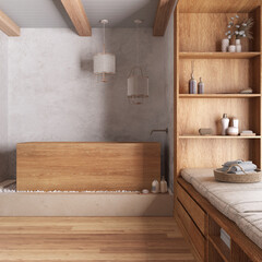 Wooden japandi bathroom with freestanding bathtub in white and beige tones, big sitting window, plaster concrete walls and parquet. Farmhouse interior design