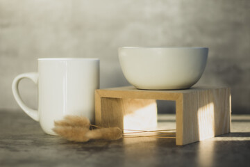 White coffee cup and and bowl