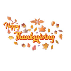 Happy Thanksgiving day vintage typography label. Celebration text with pumpkin and autumn leaves for poster, banner, postcard, icon or sticker. Vector calligraphic lettering quote isolated on white