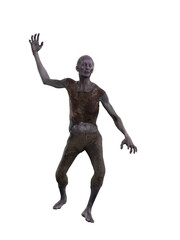 Fototapeta na wymiar Skinny old zombie man chasing with arm raised. Isolated 3D rendering.