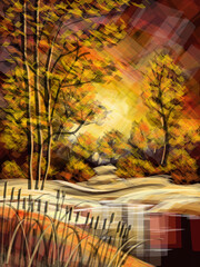 a painting of reeds over an evening marsh