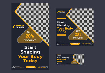 Gym Fitness social media post bundle Promotion Post and Story Social Media Template. Stylish graphics templates for posts, Sports Fitness social media post design, Social Media Banner Template bundle.