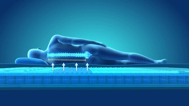 3d animation rendering of the inner part of the mattress composition, a stylized figure of a woman, a human. The arrows show the effect of mattress support on the spine.