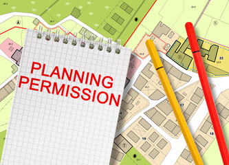 Planning permission concept with imaginary General Urban Plan, cadastral map and notebook