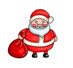 New Year's and Christmas illustration. Children's character Santa Claus with a bag of gifts. Pictures for design and stickers