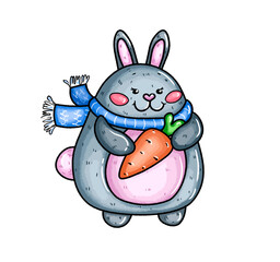 New Year's and Christmas illustration. Children's character hare with a carrot. Pictures for design and stickers