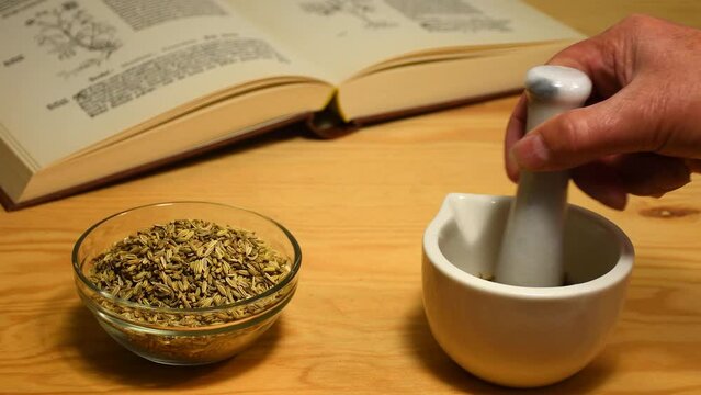 grinding fennel seeds in a mortar with sound