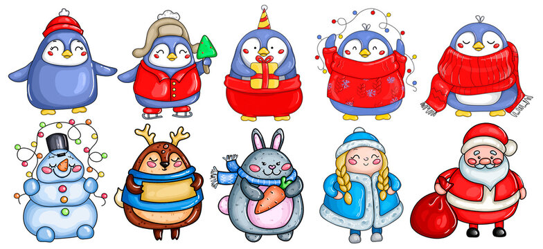 New Year's and Christmas illustration. Children's characters: snowman, hare, Santa Claus, snow maiden, reindeer, penguin. Set of pictures for decoration and stickers