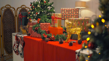 New Year celebration present gifts or presents in dinner party on Merry Christmas Eve Xmas on holiday at home. People lifestyle