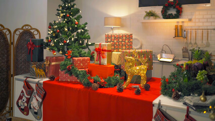 New Year celebration present gifts or presents in dinner party on Merry Christmas Eve Xmas on holiday at home. People lifestyle