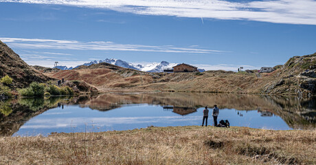 View of the bigger Lac Besson and the smaller Lac Rond , located near the ski resort of Alpe d'Huez, Grand Rousses, Isere, France