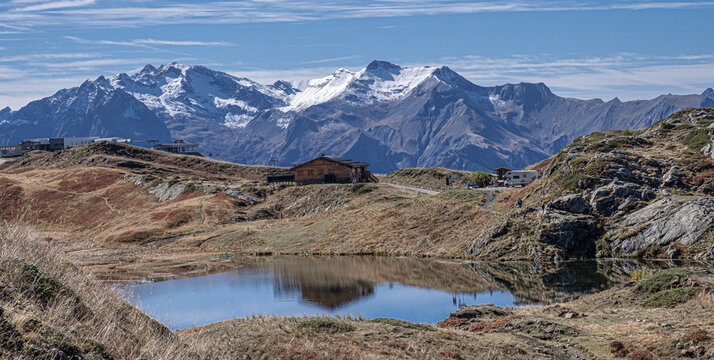  View of the bigger Lac Besson and the smaller Lac Rond , located near the ski resort of Alpe d'Huez, Grand Rousses, Isere, France