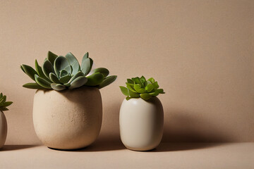 : Beige ceramic pot with succulents on natural marble stone podium. Studio, product presentation, mockup. 3d illustration.
