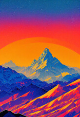 Sunrise over the mountains. Colorful 3d illustration