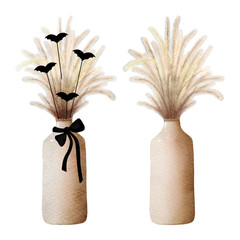 Watercolor two vase with wheat, isolated on transparent background