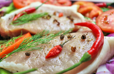 Meat with spices, onions, red and green peppers, ginger, tomatoes