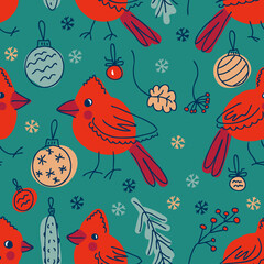 Northern cardinal birds and xmas elements doodle seamless pattern. Christmas print for tee, paper, fabric, textile. Hand drawn vector illustration for decor and design.