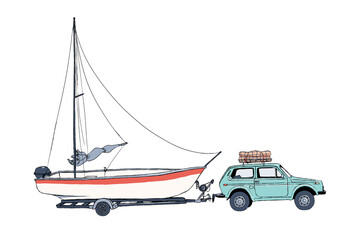 small car towing a sail motor boat - old vw polo with camping luggage on roof rack tow boat - travel vacation road trip