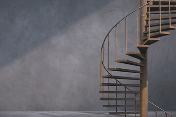 Part of the old metal spiral staircase with concrete loft wall background in vintage living room