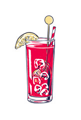 red alcoholic cocktail drink isolated on white background - red juice beverage in highball glass with lemon slice, ice, straw and stir stick