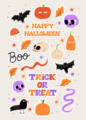 Set of cute halloween stickers. Funny vector flat illustration. Skulls, pumpkins, autumn leaves, snakes, bats, mushroom, crow and lettering. Trick or treat. 