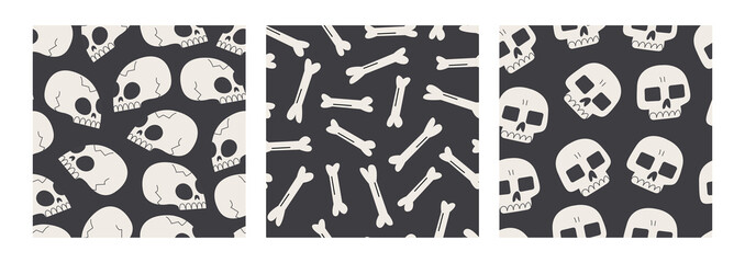 Set of seamless patterns with halloween skulls and bones. Autumn vector dark backgrounds