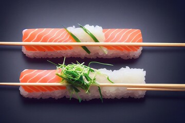 Sushi rolls with salmon, wasabi and chopsticks 