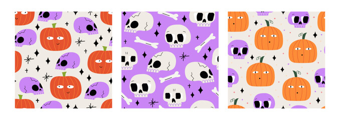 Fototapeta premium Set of seamless patterns with halloween pumpkins and skulls. Autumn vector backgrounds
