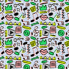 Vector seamless hand-drawn pattern with ovals, swirls, stripes, rectangular shape, crown, lips, zigzag, play button, music notes and treble clef. Grunge shapes colorful backdrop.