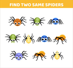 Spiders. Find two same pictures of spiders. Game for children. Flat, cartoon, vector