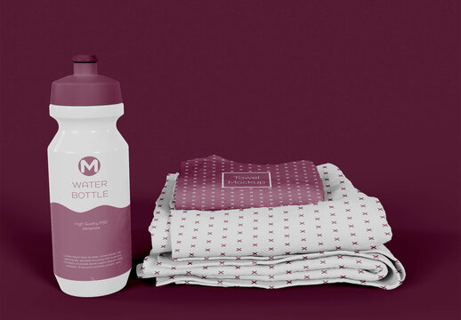 Stacked Towels with Soprt Bottle Mockup