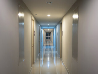 Empty condo, hotel or apartment corridor hall way in condominium building, modern interior design decoration room. Walkway