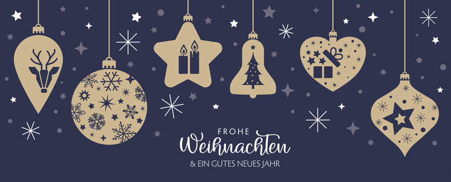 Frohes Fest - goldene Weihnachtskugeln auf blauem Hintergrund - german text