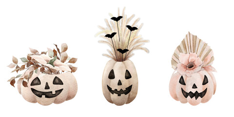 Watercolor halloween pumpkin vases
with different accessories, isolated on transparent background