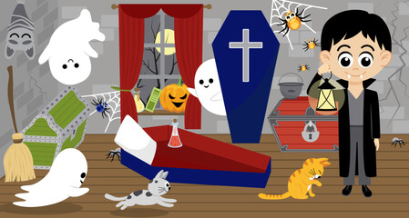 Vampire. Room of vampire. Halloween. Ghost, cat, coffin. Cartoon, vector