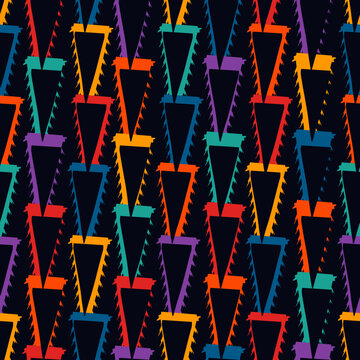 Paint brush triangles ornament. Seamless pattern. Hand drawn geometrical backdrop. Triangular shapes wallpaper. Geometric background. Ethnic motif. Tribal digital paper. Textile print