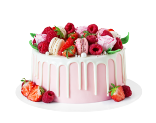 Birthday sweet cake with berries, macaron and floral decor isolated on a white background.