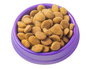 Dry food for pets. Balanced feeding for cats and dogs in a violet bowl.