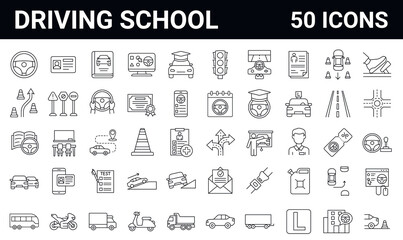 Set of 50 driving school line icons. Editable stroke. 