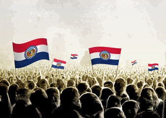 Crowd with the flags of Missouri, people cheering national team of Missouri. Ai generated illustration of crowd.