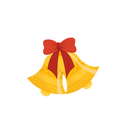 Two golden bells with big red bow. Christmas. Flat, cartoon, vector