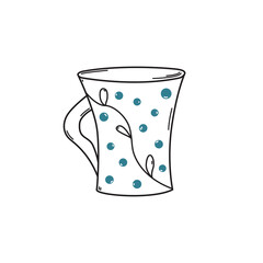Hand drawn cup with plant ornament and colorful dots doodle style, vector illustration isolated on white background. Black outline, decorative design element, tableware