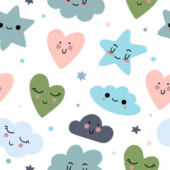 The pattern of cute hearts of stars and rainbows with kawaii eyes. For decoration of childrens rooms and holidays. Vector modern style